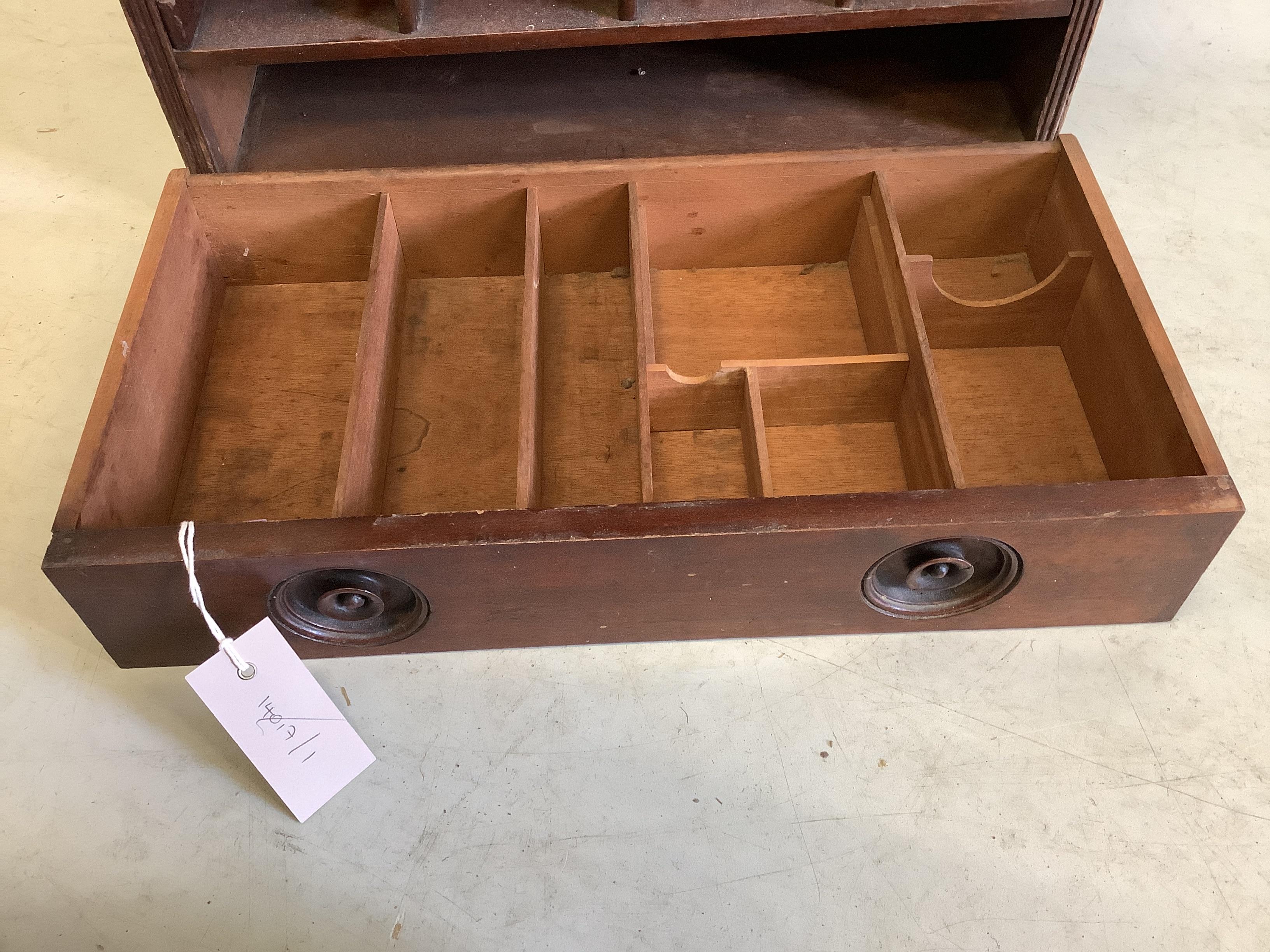 A Victorian Ferris & Co Bristol mahogany pigeonhole dispensing cabinet with compartmented drawer, width 48cm, depth 26cm, height 49cm